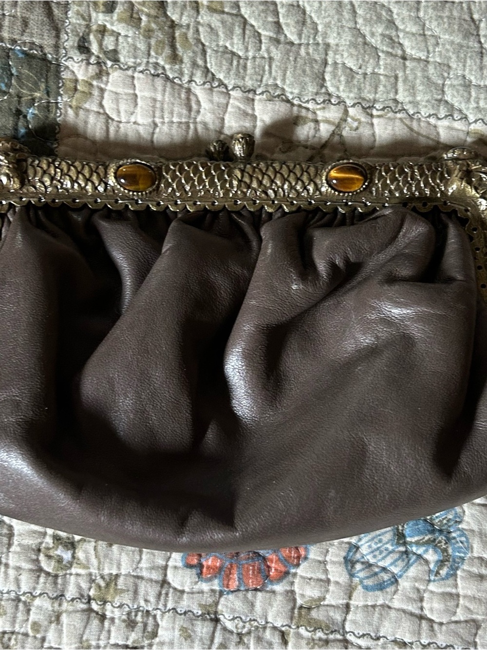 Vintage-Style Clara Kasavina  Brown Leather Frame Clutch with Tiger Eye